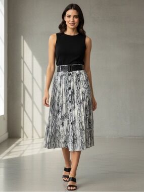 ZARA BASIC Snake Print Pleated Midi Skirt XL Grey Python Button Front with Belt